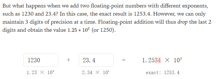 An illustration of floating-point addition precision, showing that adding 1230 and 23.4 results in 1253.4, but with 3-digit precision, it becomes 1250.